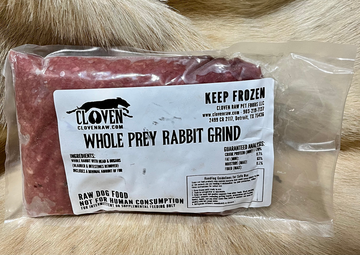 1 lb Vacuumed sealed package of Whole Prey Rabbit Grind